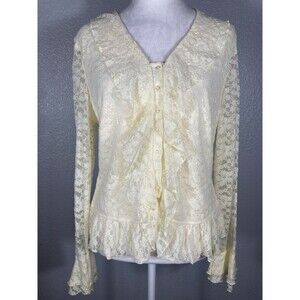 Womens Cream Top L Floral Lace Victorian Blouse Ruffles Sheer Whimsical Fairy